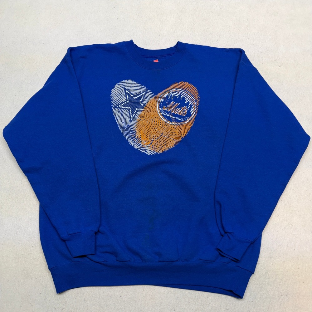 Dallas‎ Cowboys New York Mets Blue Fingerprint Heart Graphic Sweatshirt Mens XL